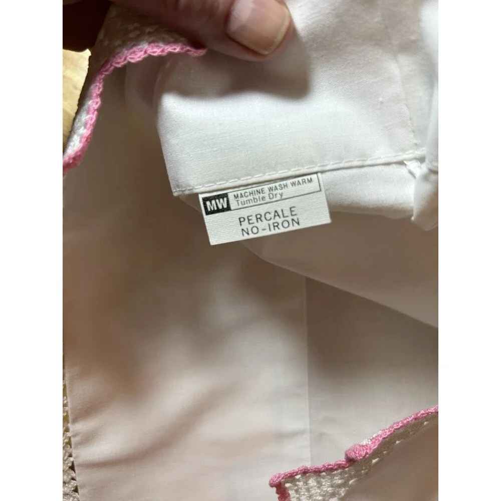Vintage Pink Rose Embroidered Pillowcases Pair Crochet Lace Percale Cottage Set